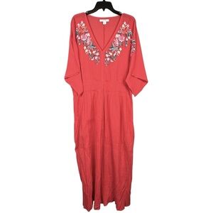 Coral Embroidered Boho Beach Dress 2X Plus Size 26/28 Gauzy Muumuu Resort Vacay